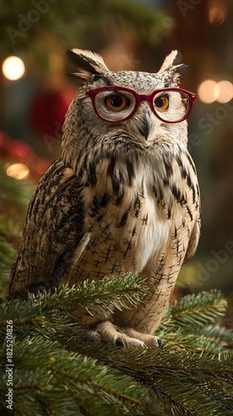 Obraz Wise Owl with Glasses in Snowy Tree