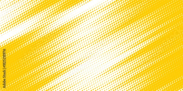 Obraz Yellow halftone corner gradient texture. Fading cartoon polka dot background. Dotted tilted gradation pattern. Fading comic pop art overlay backdrop. Vector slant frame halfton patern effect wallpaper