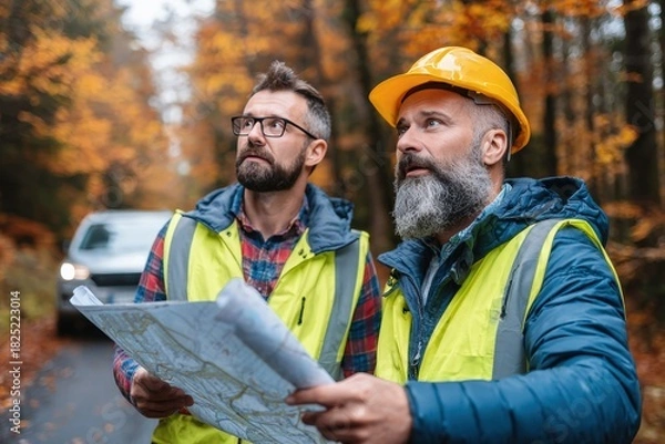 Obraz Two focused male workers in reflective vests and hard hat holding map outdoors in autumn forest
