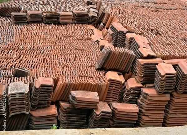 Fototapeta A stack of clay roof tiles is placed in an open space. Traditional clay roof tiles.