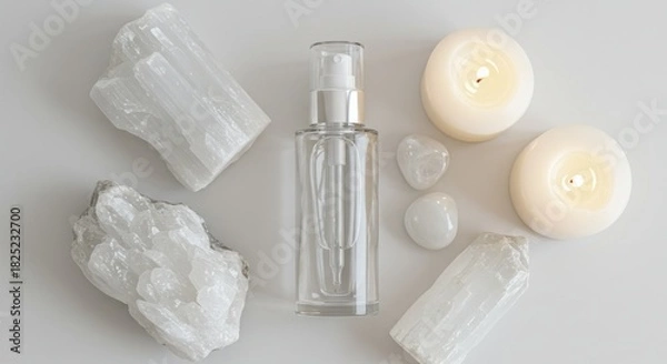 Obraz Elegant clear bottle and candles flat lay