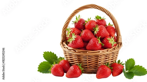 Obraz A wicker basket overflowing with ripe, red strawberries, with green leaves scattered around.