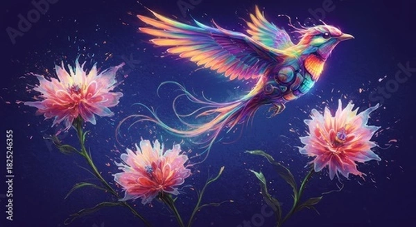 Obraz Flying bird among flowers illustration
