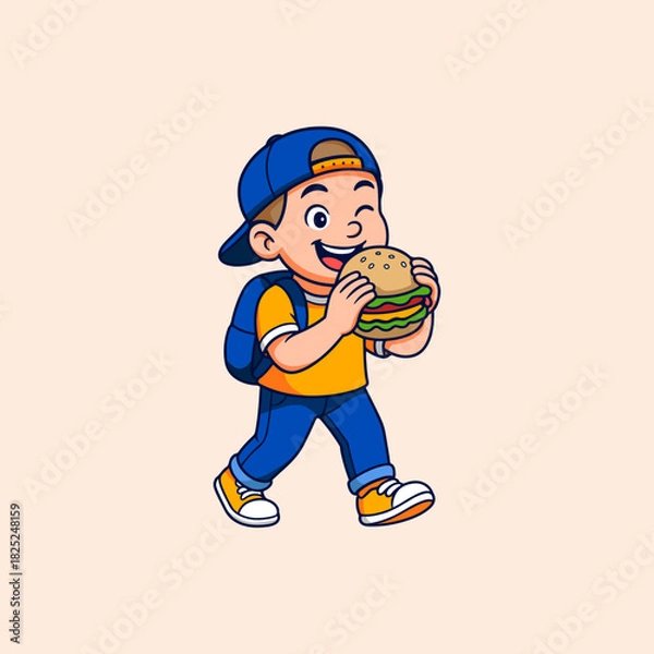 Obraz Illustration of a boy carrying a bag eating a burger while walking