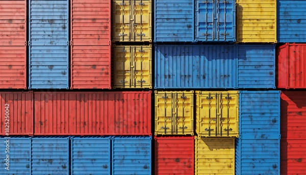 Obraz Colorful stacked shipping containers in red, blue, yellow and pink aerial view