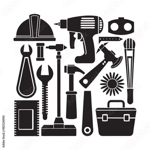 Obraz Set Of Construction hardware industrial tools silhouette vector art file-10