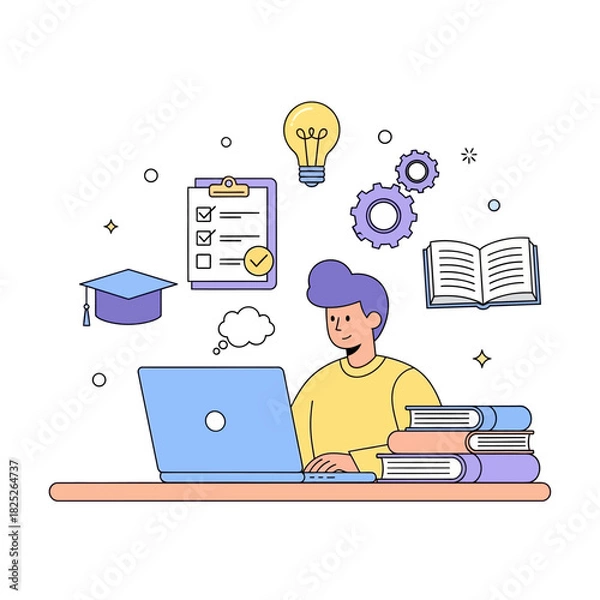 Fototapeta Online Learning and Study Illustration – Student Working on Laptop with Education Icons