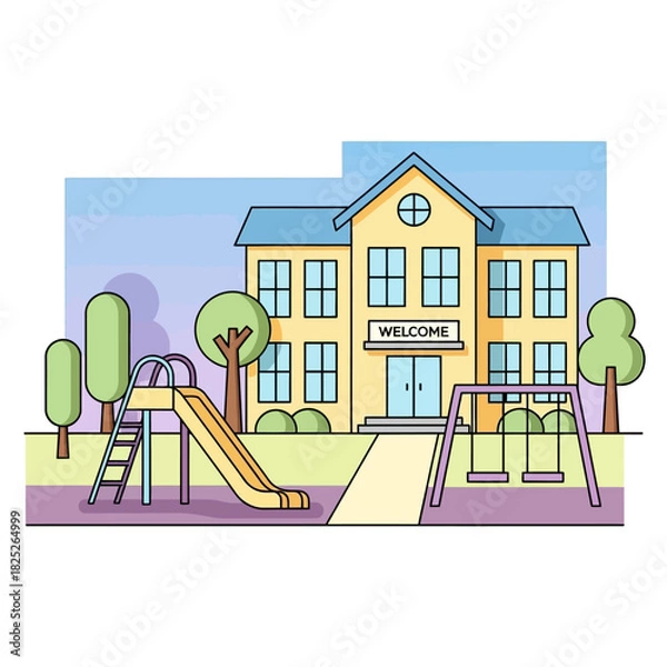 Fototapeta Colorful School Building with Playground Slide and Swings Illustration