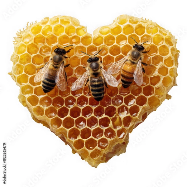 Fototapeta  Three bees on heart-shaped honeycomb on a white background.