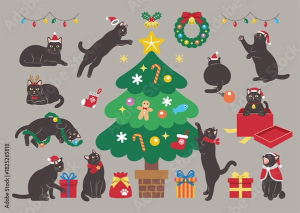 Fototapeta クリスマスを楽しむかわいい猫のイラスト