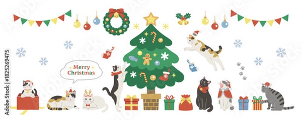 Obraz クリスマスを楽しむかわいい猫のイラスト