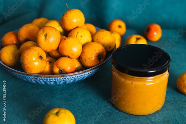 Obraz Hawthorn fruit and jam in jar for preserving