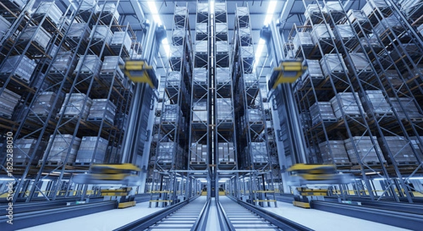 Obraz Automated warehouse vertical storage system with yellow robotic shuttles moving between steel racking levels