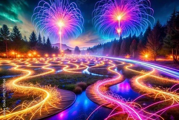 Obraz Scenic Landscape at Night Illuminated by Fireworks Creates Serene Rural Scene with Glowing Lights along Riverbank and Reflection in Water