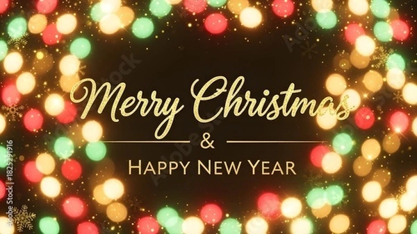 Fototapeta Festive merry christmas and happy new year greeting with bokeh lights