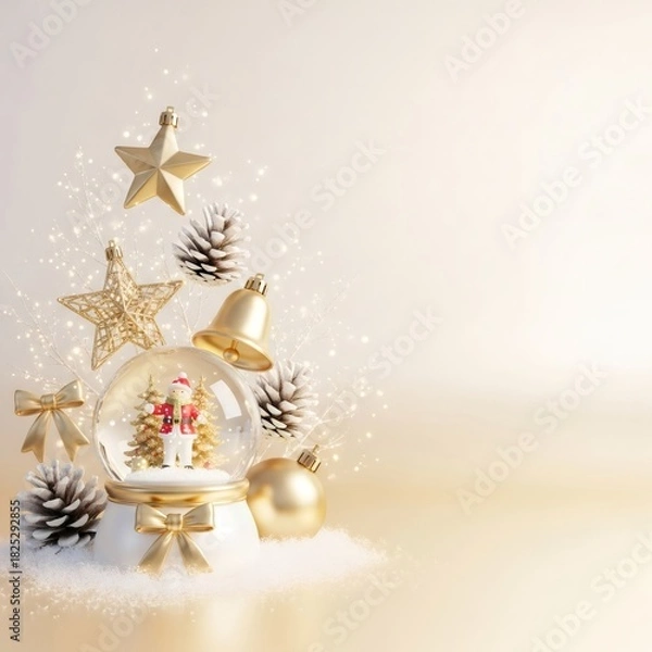 Fototapeta Christmas snow globe with snowman and trees in snowy scene. Winter holiday decoration and New Year celebration concept.