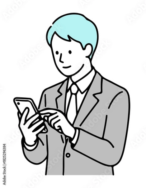 Obraz スマートフォンを操作するビジネスマンのイラスト：通信とアプリの確認（シンプルな線画・ベクター）