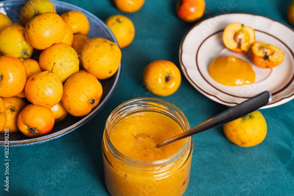 Obraz Quince fruit jam in a jar with fresh whole fruit