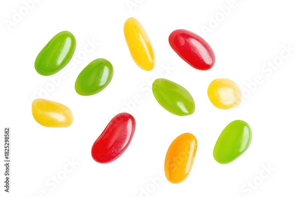 Obraz A assortment of jelly beans in various colors including green. yellow. and red. scattered playfully on a clean white background. perfect for candy-themed promotions or events