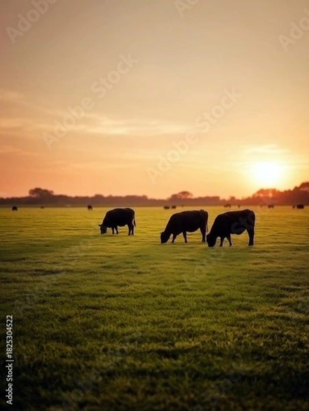 Obraz 夕焼け空と牧草地の牛の群れ - 穏やかな牧場の風景のシルエット