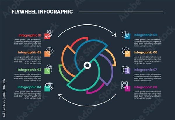 Fototapeta Flywheel infographic process diagram with creative circle flower petals with square box list stacked with dark background bright outline style 8 points