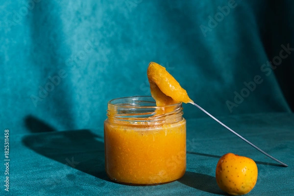 Obraz Quince jam in jar with spoon and fruit