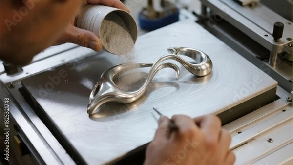 Fototapeta Craftsman applying powder to a metallic sculpture on a workbench