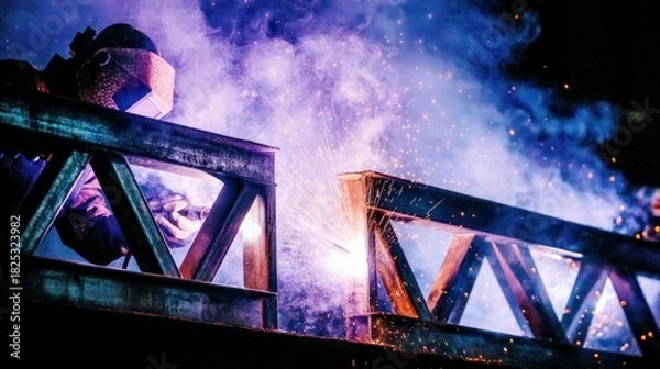 Fototapeta Welder creates bright sparks as he joins structural beams in hazy night