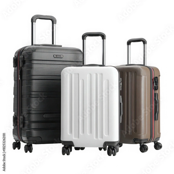 Fototapeta Three sets of modern suitcases on wheels and without wheels on white background