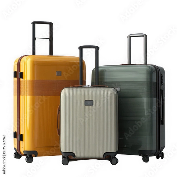 Fototapeta Three sets of modern suitcases on wheels and without wheels on white background