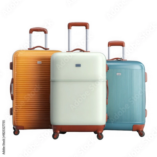 Fototapeta Three sets of modern suitcases on wheels and without wheels on white background