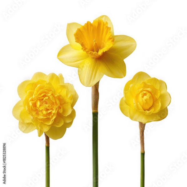 Fototapeta Three spring bloomers, daffodils on white background