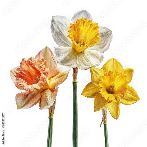 Fototapeta Three spring bloomers, daffodils on white background