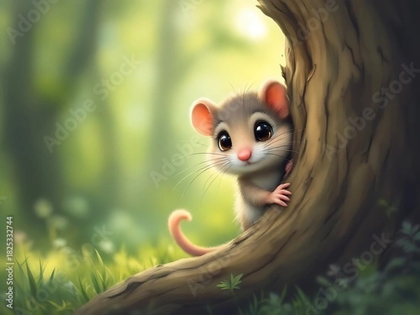 Obraz A small dormouse peeks from behind a textured tree trunk, showing its soft fur and bright eyes. The blurred green forest background creates a gentle, natural atmosphere