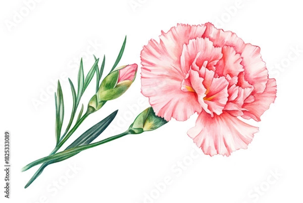 Obraz A beautifully detailed watercolor illustration of a pink carnation flower with delicate buds and green leaves. set against a clean white background. perfect for floral design projects or nature-themed