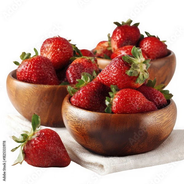 Fototapeta  three wooden bowls filled with strawberries sitting on top of a white surface on white background.