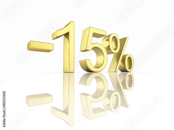 Fototapeta Gold text 15 percent off on white background with reflection 3D render