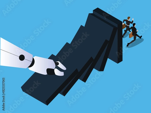 Obraz Robot Hand Pushing Dominoes, Forcing Businessmen to Run from Automation 3d isometric vector illustration