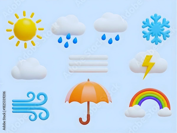 Fototapeta Weather icons collection. 3d suns, clouds, snowflakes, lightning, umbrella, and rainbows