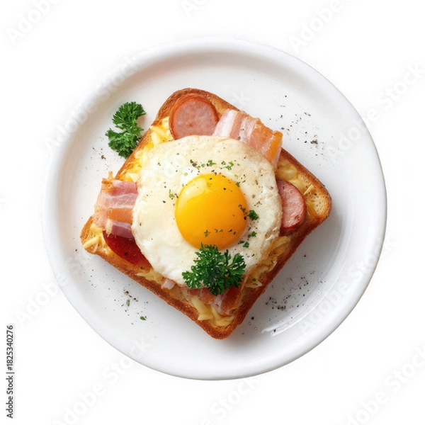 Fototapeta Toast bread with pork belly, egg, ham, sausage on white plate, top view with on white background