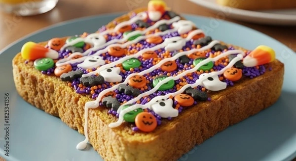 Fototapeta Colorful cake slice with whipped cream and colorful sprinkles on a blue plate