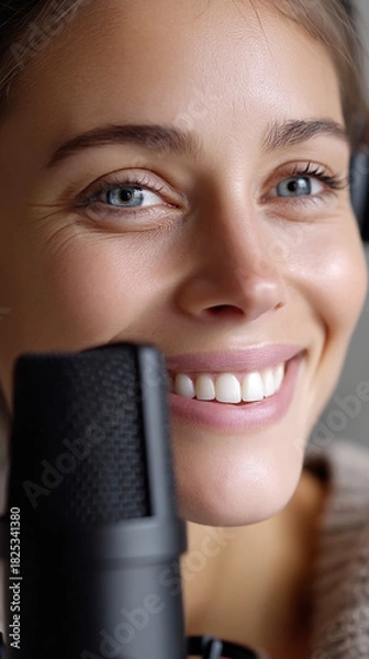 Fototapeta Close-up of smiling eyes and face behind transparent microphone for audio recording