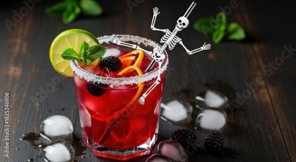 Fototapeta Refreshing red cocktail with lime and mint garnish served in a glass with ice cubes