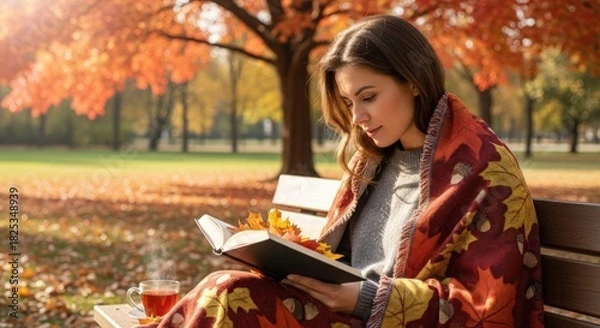 Fototapeta A woman reading a book on a bench in a park during autumn with colorful fall leaves around her
