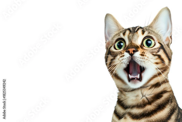 Obraz A surprised Bengal cat with wide eyes and an open mouth. set against a clean white background. capturing a moment of curiosity or excitement. ideal for pet-themed content