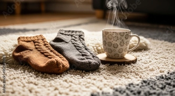 Fototapeta Cozy scene of a steaming cup of tea next to a pair of knitted socks on a soft carpet
