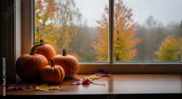 Fototapeta Pumpkins on a windowsill with autumn foliage and raindrops on the window