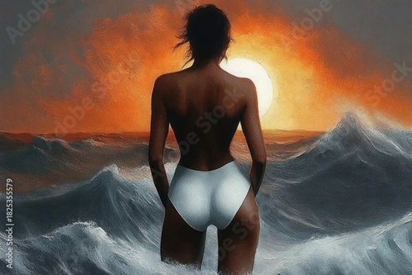 Fototapeta Woman standing waist-deep in ocean waves at sunset with glowing sun and dramatic orange sky, facing away with white swimsuit bottoms, evoking calm and strength