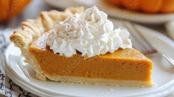 Fototapeta Delicious slice of pumpkin pie topped with whipped cream and cinnamon