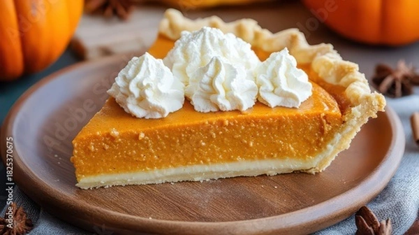Fototapeta Delicious pumpkin pie slice topped with whipped cream for thanksgiving